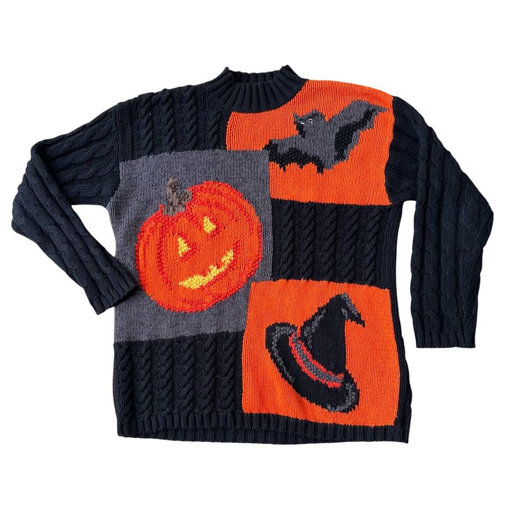 Chaus Sport Ramie/Cotton Halloween Bat Pumpkin Mockneck Sweater Sz M - Picture 2 of 8